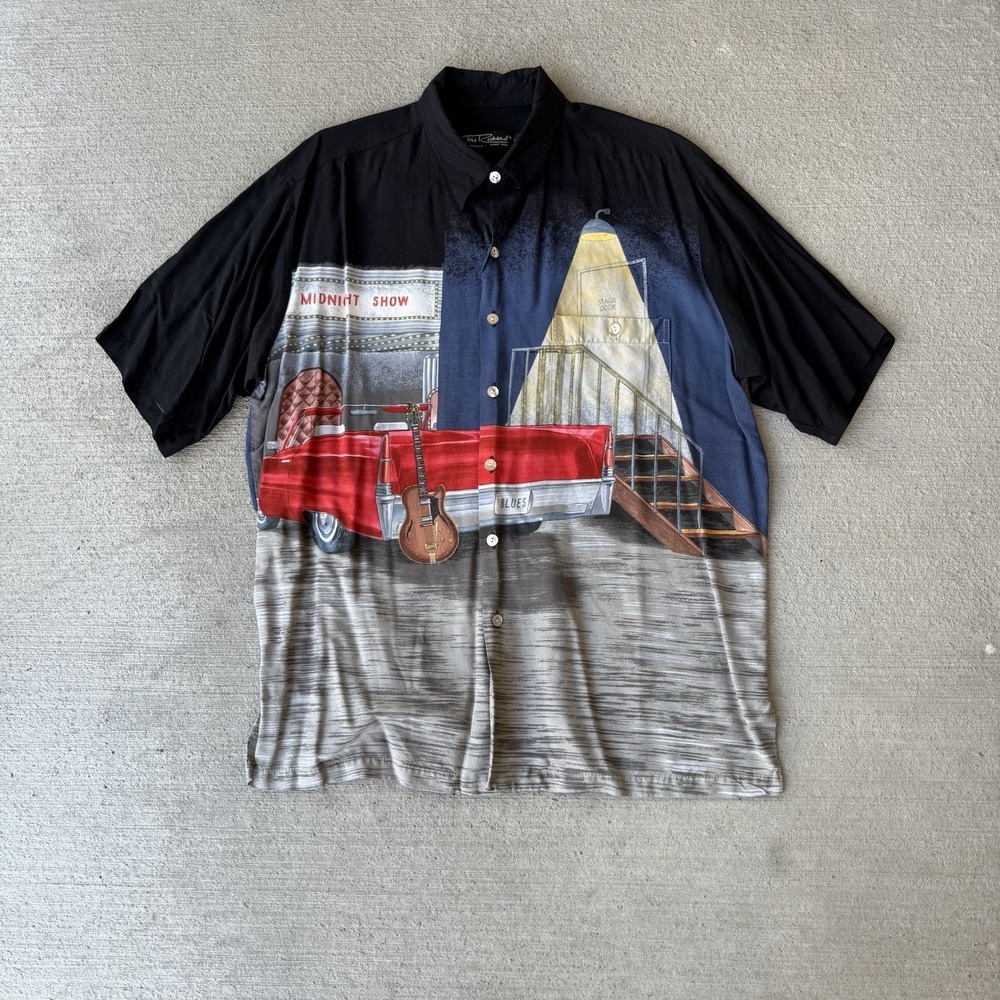 Vintage Tori Richard Hawaiian Shirt XL Black Red Blues Car Scene Aloha‎ Made USA